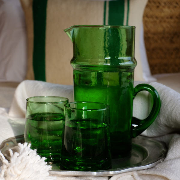 Green drinking glasses with green jug made frim recycled glass in Morocco by Le Verre Beldi
