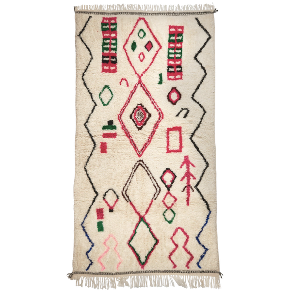 Colourful Moroccan Azilal Wool Rug Pink Green Cream Black and White