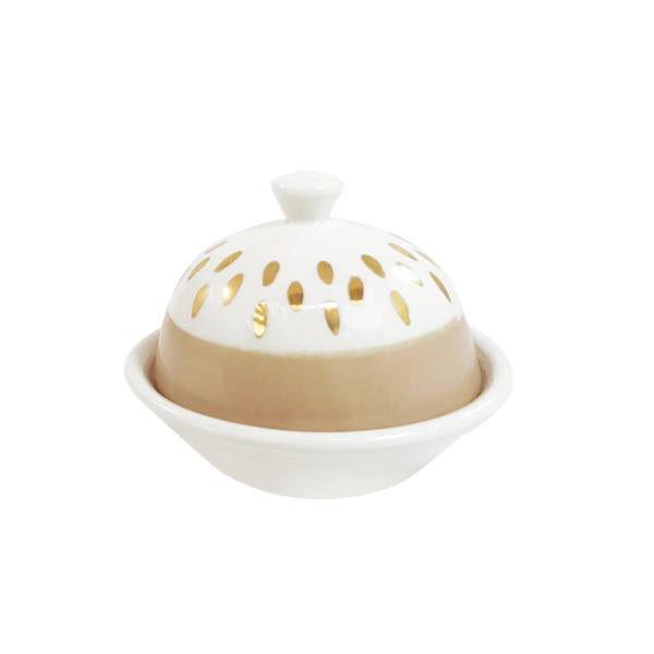 Ceramic Butter Dish with Cloche Cream White and Gold by Chabi Chic Morocco