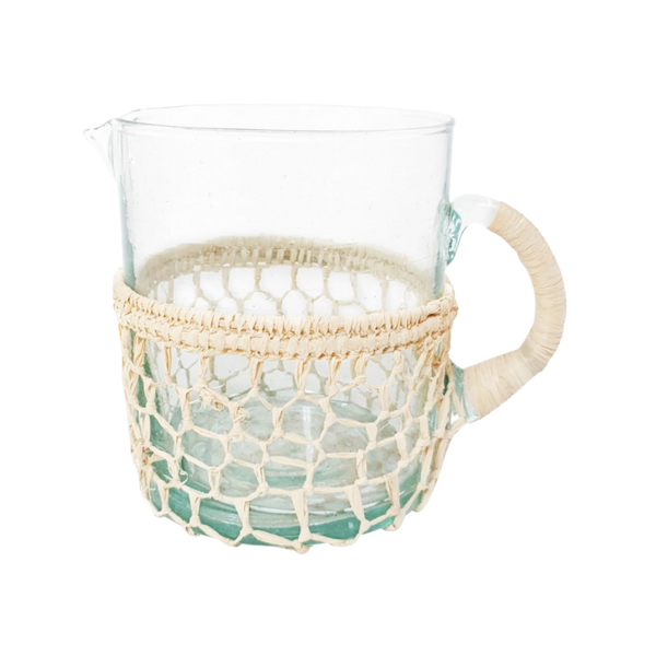 Recycled Glass Water Jug with Braided Straw Raffia by Chabi Chic Morocco