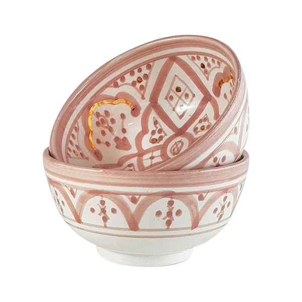 Moroccan Ceramic Bowls with Pink Gold and White Patterns by Chabi Chic