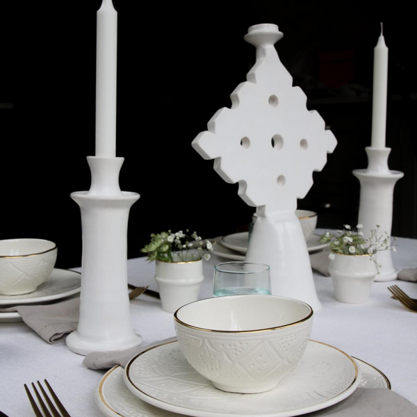 White table setting or Tablescape with tadelakt candle holders and ceramic plates and bowls from Chabi chic