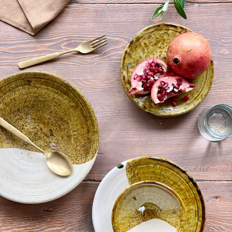 Moroccan Tamegroute Plates Ochre Half Glazed