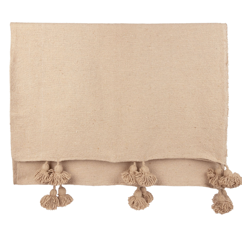 Moroccan Cotton Pom Pom Blanket Camel Beige