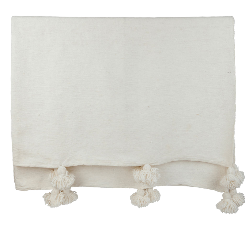 Moroccan Cotton Pom Pom Blanket Ivory