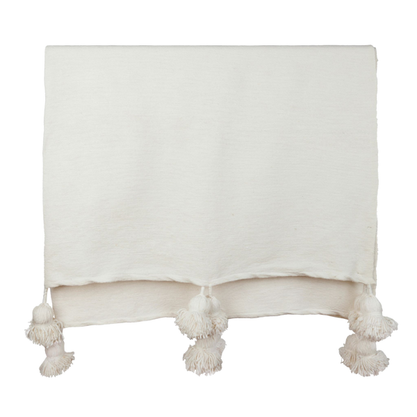 Moroccan Cotton Pom Pom Blanket Ivory Off White