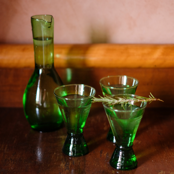 Green wine glasses and Green Glass Carafe