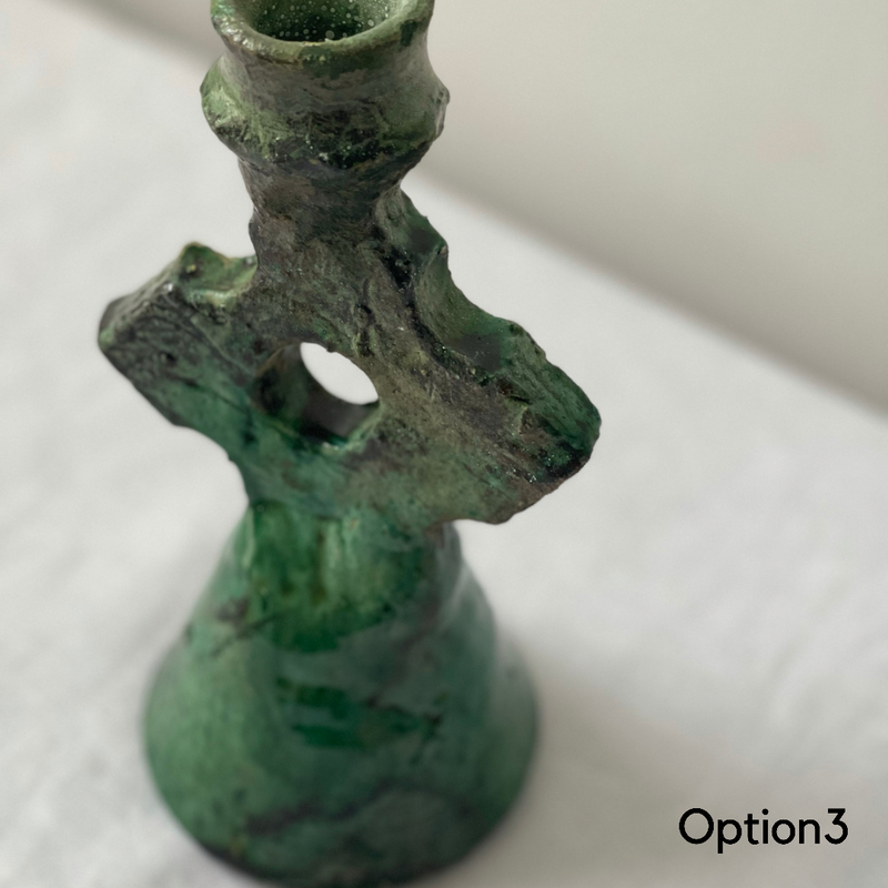 Moroccan Tamegroute green glazed candle stick in diamond shape