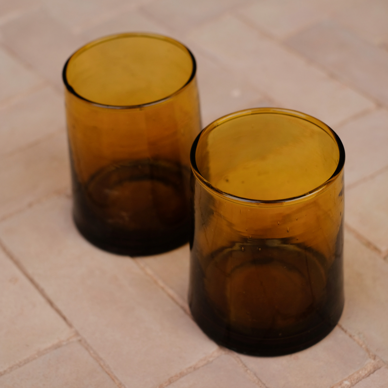 Brown drinking glasses made from recylcled glass in Morocco by Le Verre Beldi