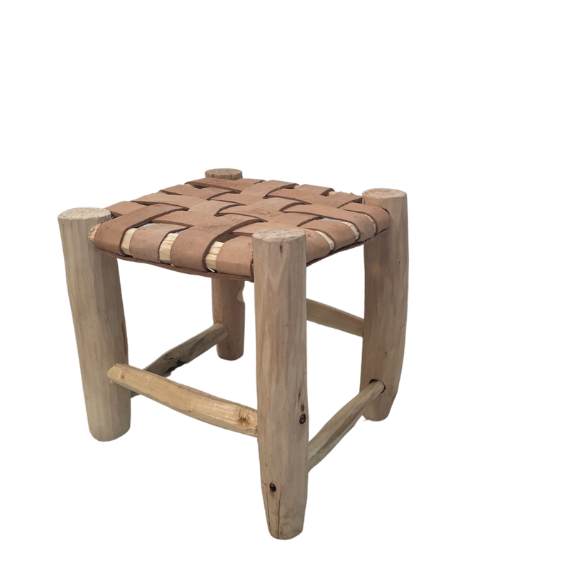 Moroccan wooden stool with platted leather